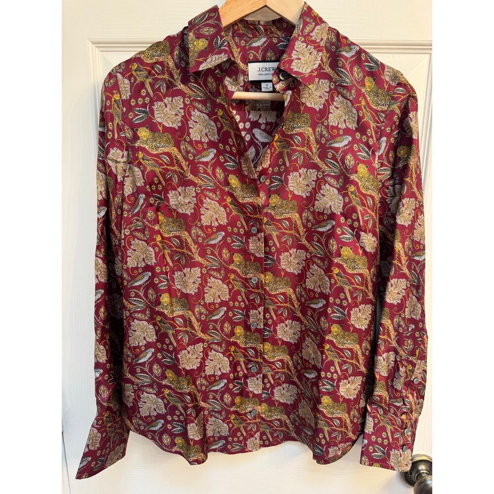 J. Crew Jungle Cat Vintage Burgundy Button Down 100% Silk Twill Top Size 2